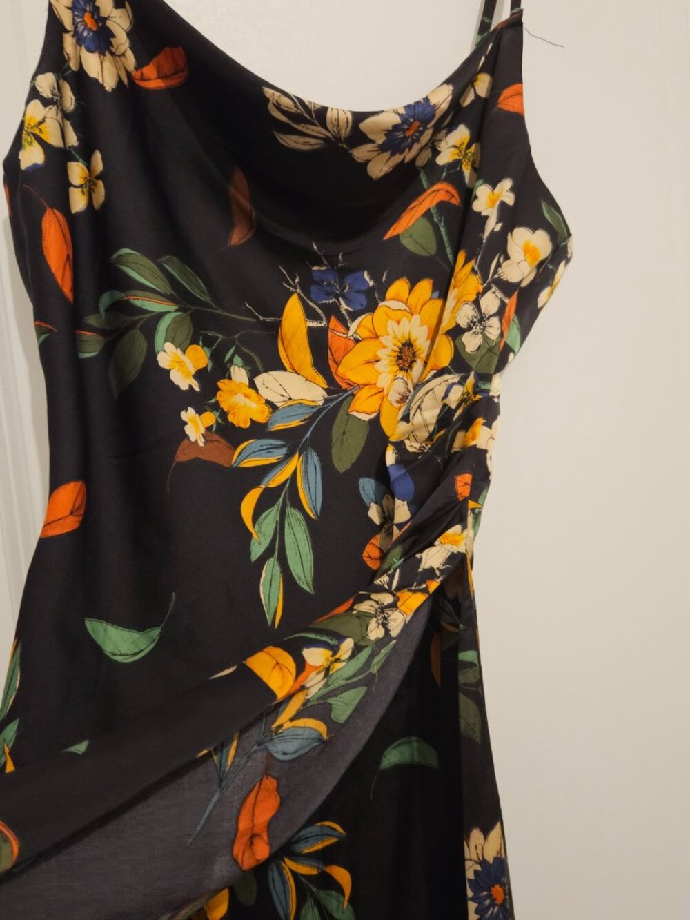 Garota Black Floral Satin Midi Dress Size XS — Cowl Neck / Side Ruche - Picture 3 of 10